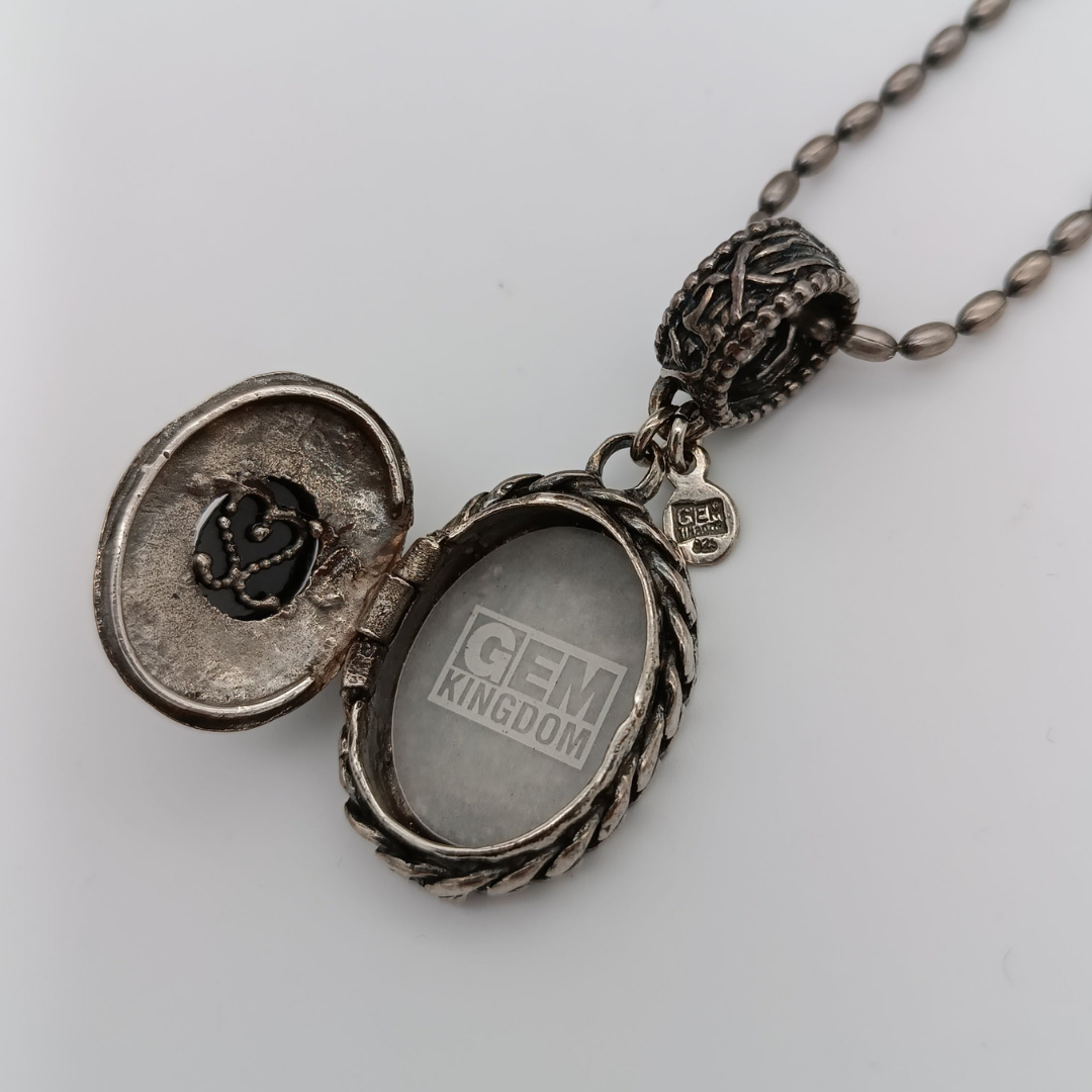 GEM KINGDOM Kette mit Anhänger zum Öffnen, geschliffen, Onyx Silber