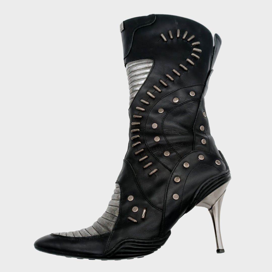 NEW ROCK Hoher Lederstiefel High Heels, Metallabsatz, Silbernieten, Größe 40